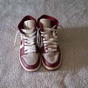 Nike Air Jordan 1 Women's Burgundy and White Athletic Shoes